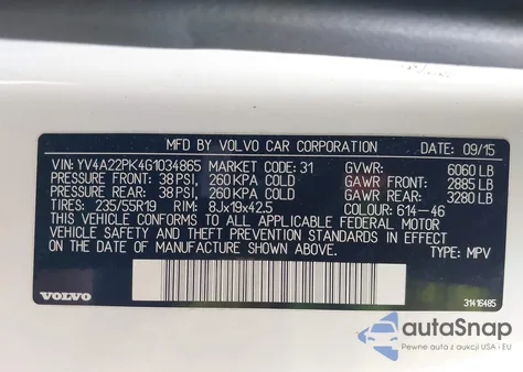 2016 Volvo Xc90 T6 Momentum from USA, damaged, VIN YV4A22PK4G1034865